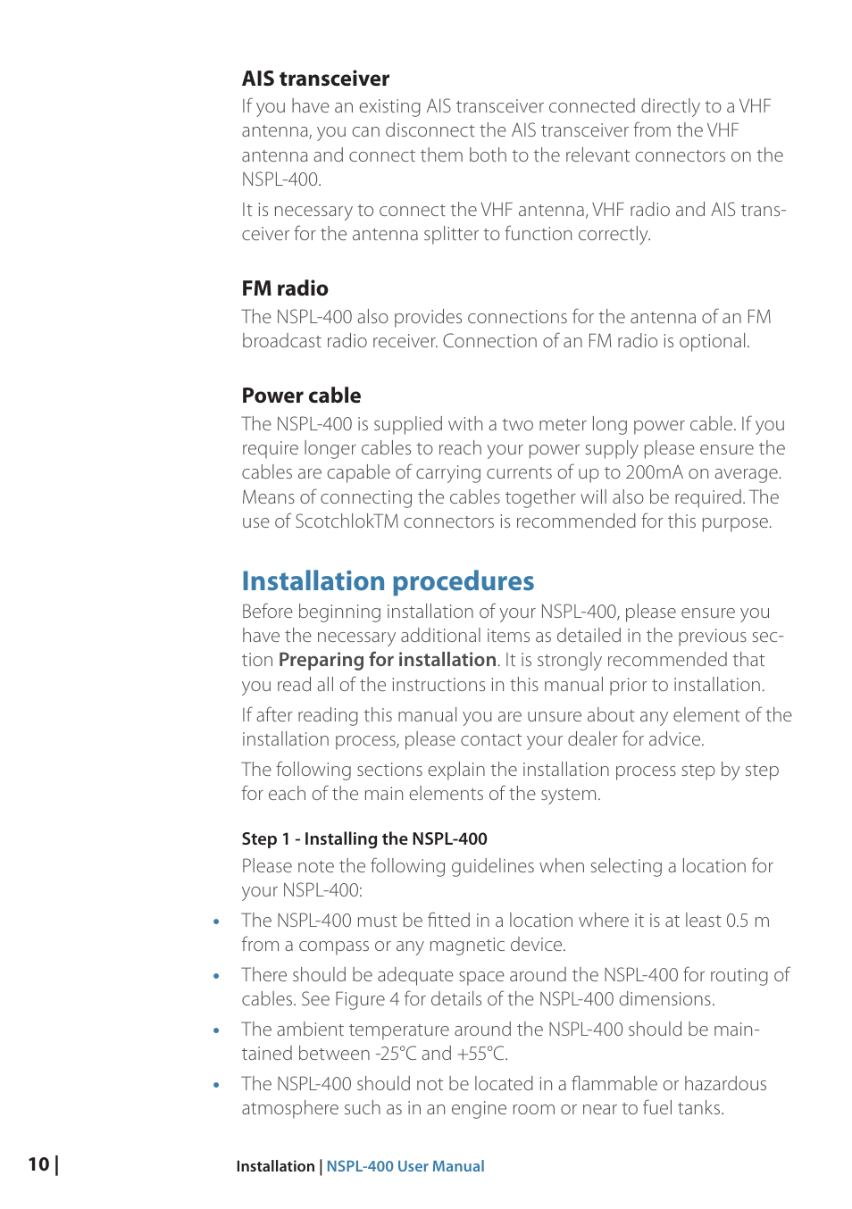 Ais transceiver, Fm radio, Power cable | Installation procedures | B&G NSPL-400 User Manual | Page 11 / 20