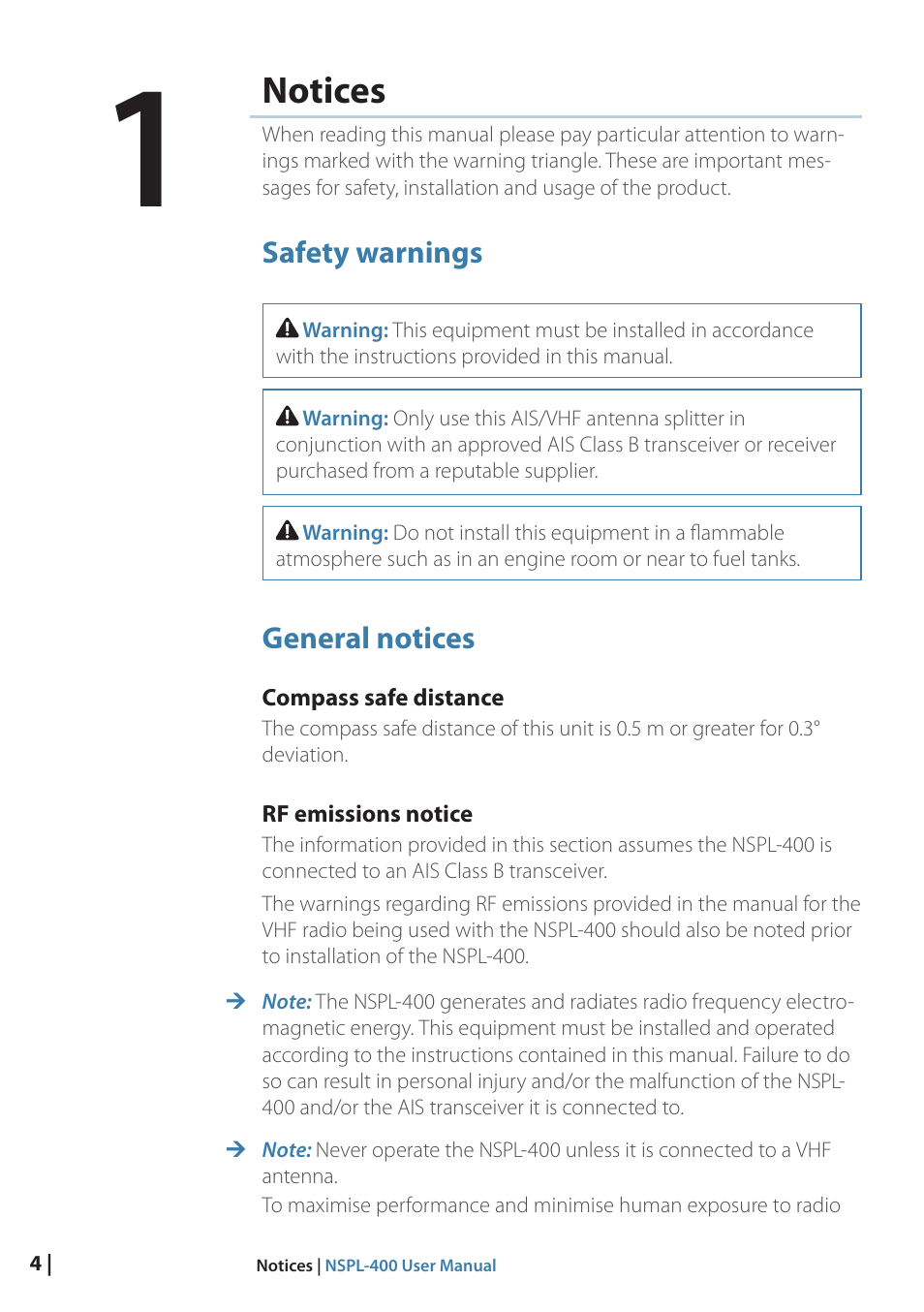 Notices, Safety warnings, General notices | Compass safe distance, Rf emissions notice, 4 notices | B&G NSPL-400 User Manual | Page 5 / 20
