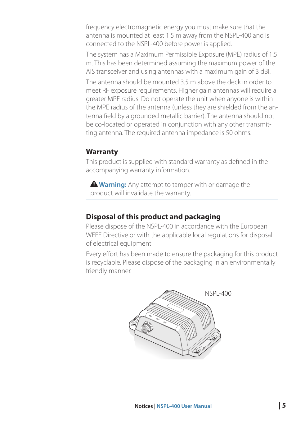 Warranty, Disposal of this product and packaging, 5 warranty 5 | B&G NSPL-400 User Manual | Page 6 / 20