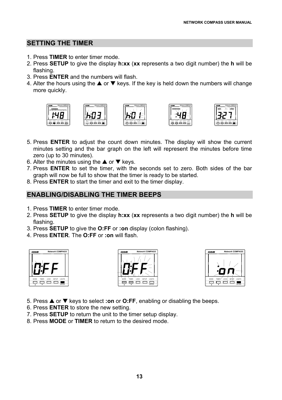 Setting the timer, Enabling/disabling the timer beeps, Network compass user manual | B&G Network Compass User Manual | Page 13 / 23