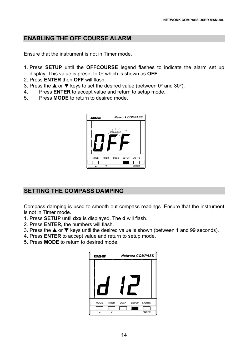 Enabling the off course alarm, Setting the compass damping | B&G Network Compass User Manual | Page 14 / 23