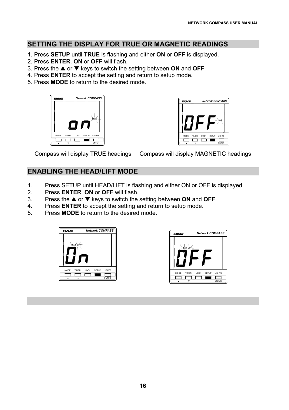 Setting the display for true or magnetic readings, Enabling the head/lift mode | B&G Network Compass User Manual | Page 16 / 23