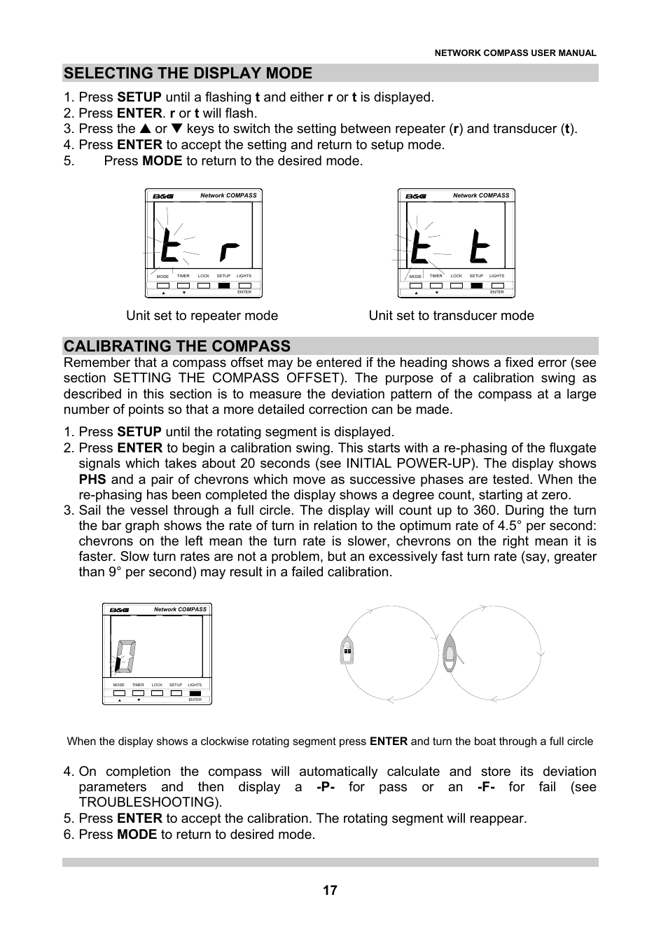 Selecting the display mode, Calibrating the compass | B&G Network Compass User Manual | Page 17 / 23