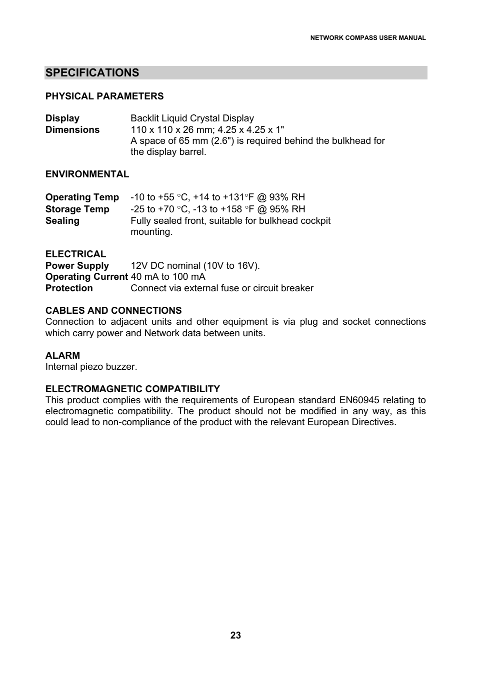 Specifications | B&G Network Compass User Manual | Page 23 / 23