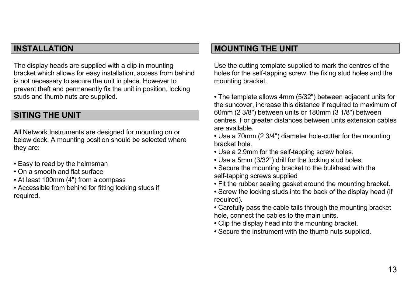 13 installation, Siting the unit, Mounting the unit | B&G Network Data User Manual | Page 13 / 15