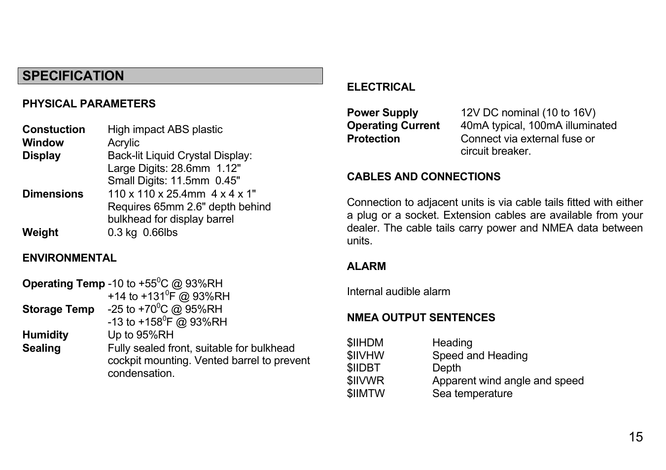 Specification | B&G Network Data User Manual | Page 15 / 15