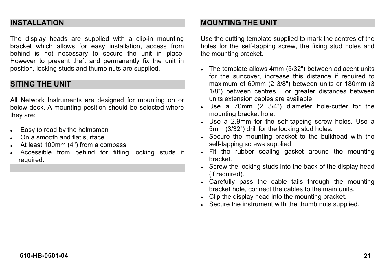 Installation, Siting the unit, Mounting the unit | B&G Network Depth User Manual | Page 21 / 23