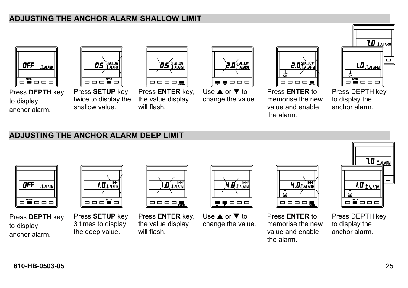 Adjusting the anchor alarm shallow limit, Adjusting the anchor alarm deep limit | B&G Network Quad User Manual | Page 25 / 36