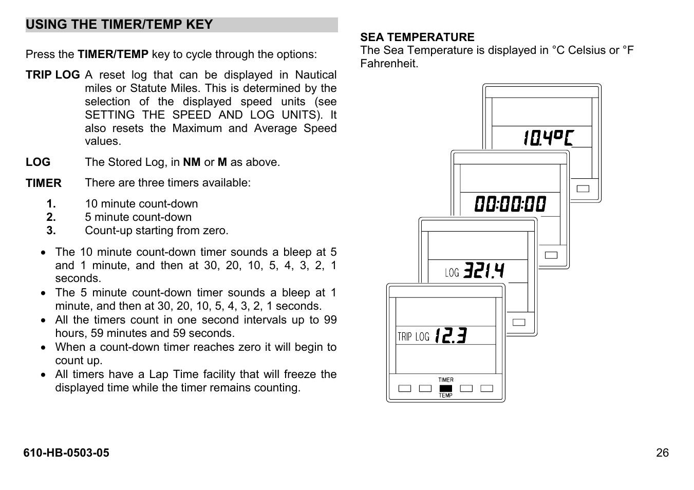 Using the timer/temp key | B&G Network Quad User Manual | Page 26 / 36