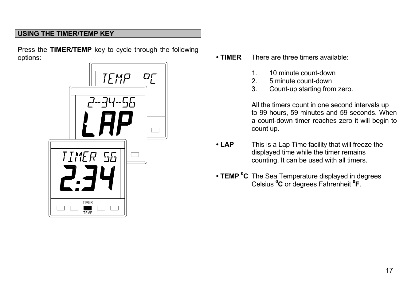 Using the timer/temp key | B&G Network Speed User Manual | Page 17 / 26