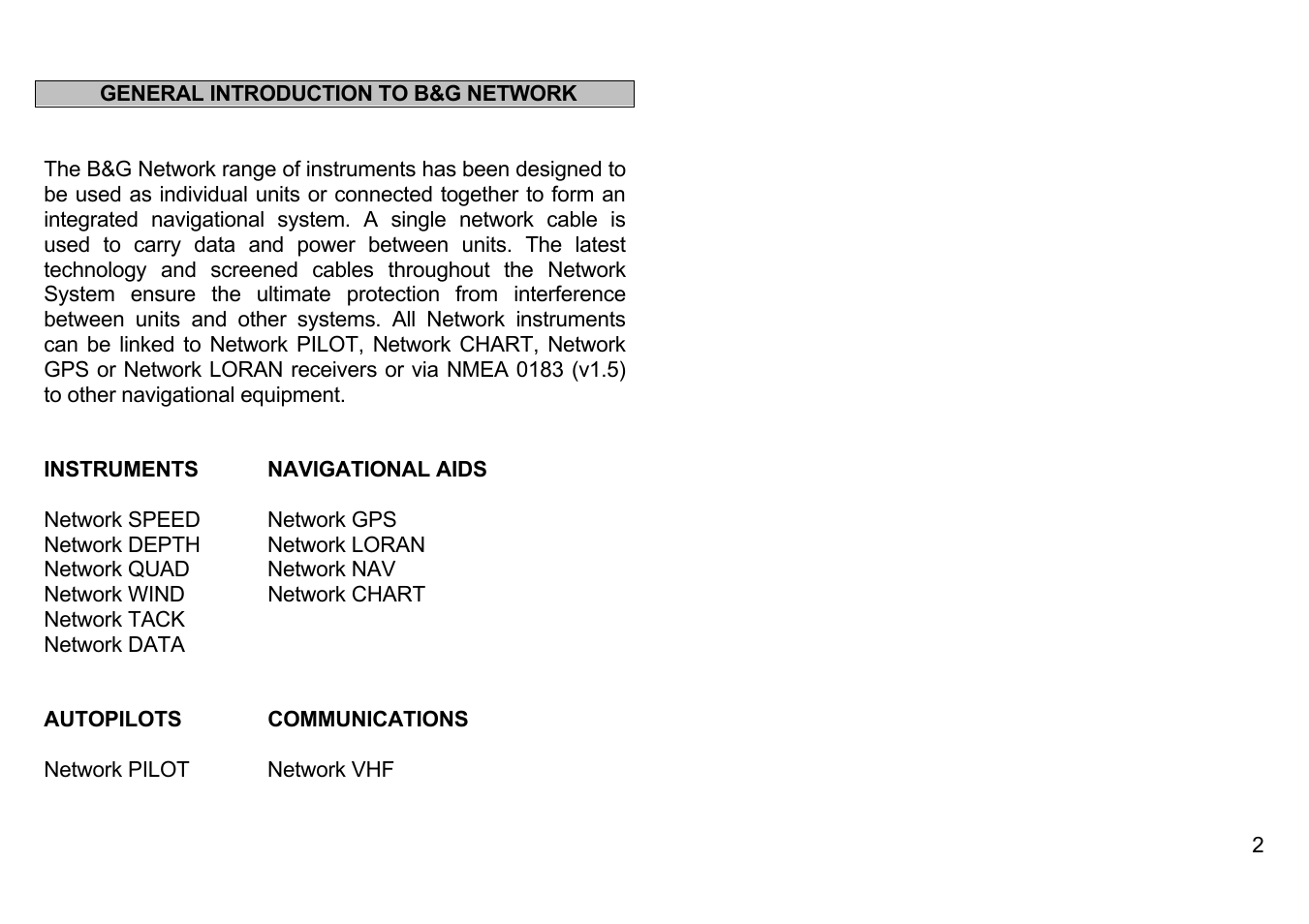 General introduction to b&g network, Instrumentsnavigational aids, Autopilotscommunications | Instruments, Navigational aids, Autopilots, Communications | B&G Network Speed User Manual | Page 2 / 26