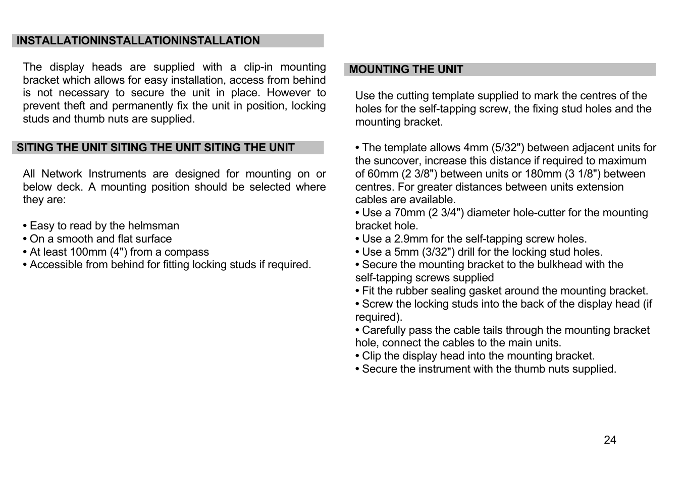 Installationinstallationinstallation, Siting the unit siting the unit siting the unit, Mounting the unit | Installation | B&G Network Speed User Manual | Page 24 / 26