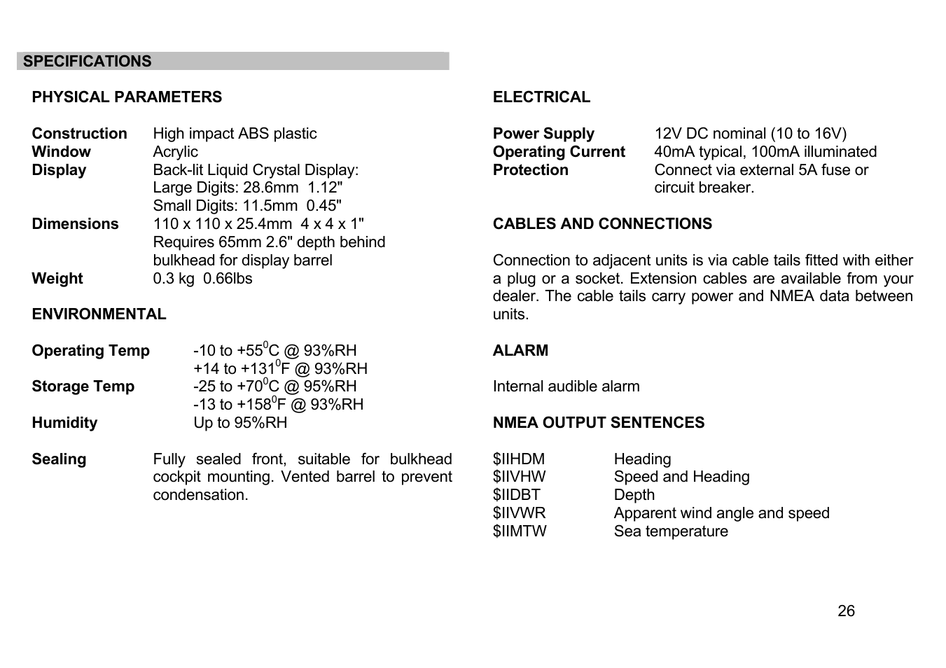 Specifications | B&G Network Speed User Manual | Page 26 / 26