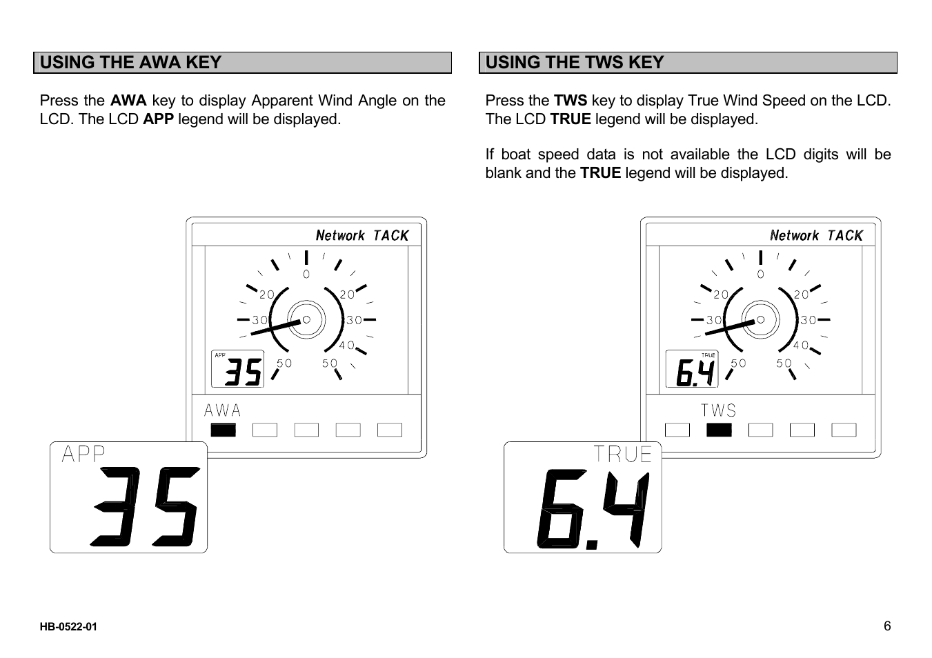 Using the awa key, Using the tws key | B&G Network Tack User Manual | Page 6 / 12