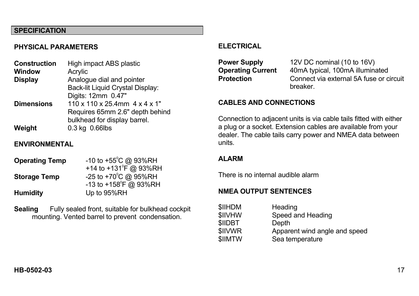 Specification | B&G Network Wind User Manual | Page 17 / 18