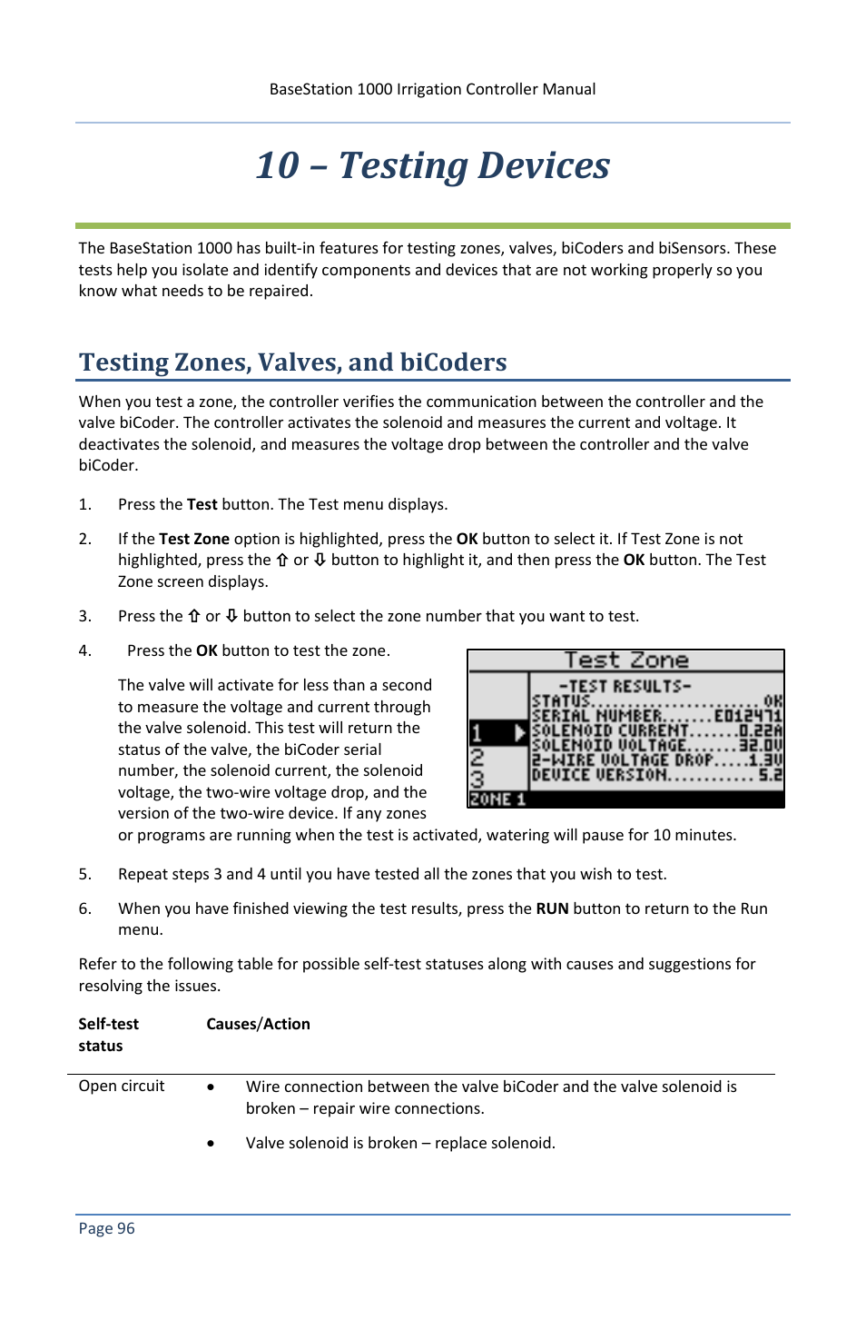 10 – testing devices, Testing zones, valves, and bicoders | Baseline Systems BaseStation 1000 User Manual | Page 102 / 122