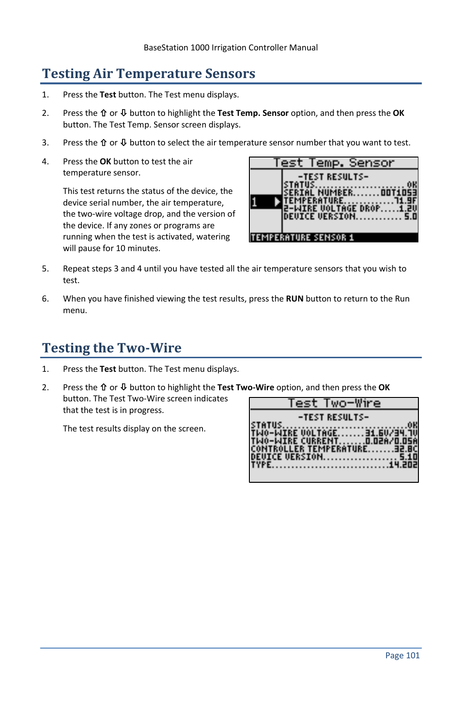 Testing air temperature sensors, Testing the two-wire | Baseline Systems BaseStation 1000 User Manual | Page 107 / 122