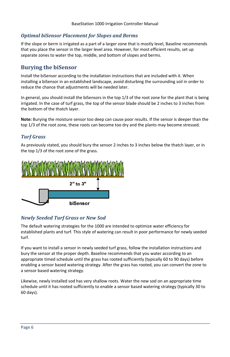 Optimal bisensor placement for slopes and berms, Burying the bisensor, Turf grass | Newly seeded turf grass or new sod | Baseline Systems BaseStation 1000 User Manual | Page 12 / 122