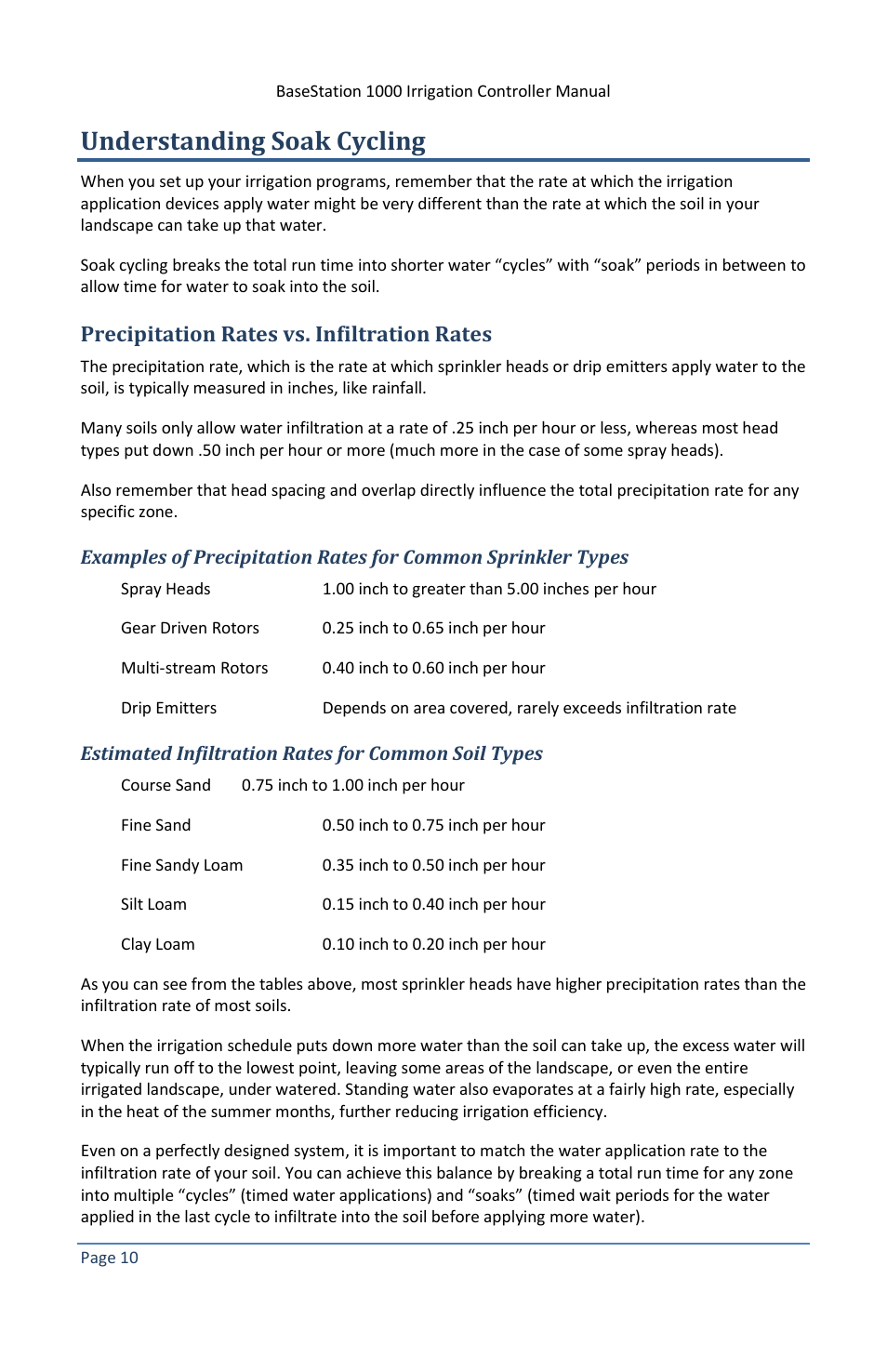 Understanding soak cycling, Precipitation rates vs. infiltration rates, Estimated infiltration rates for common soil types | Baseline Systems BaseStation 1000 User Manual | Page 16 / 122