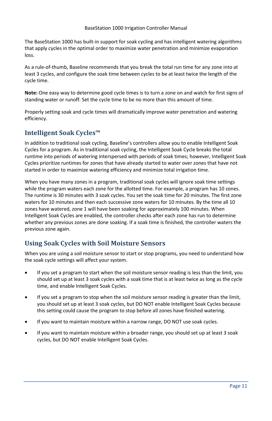 Intelligent soak cycles, Using soak cycles with soil moisture sensors | Baseline Systems BaseStation 1000 User Manual | Page 17 / 122
