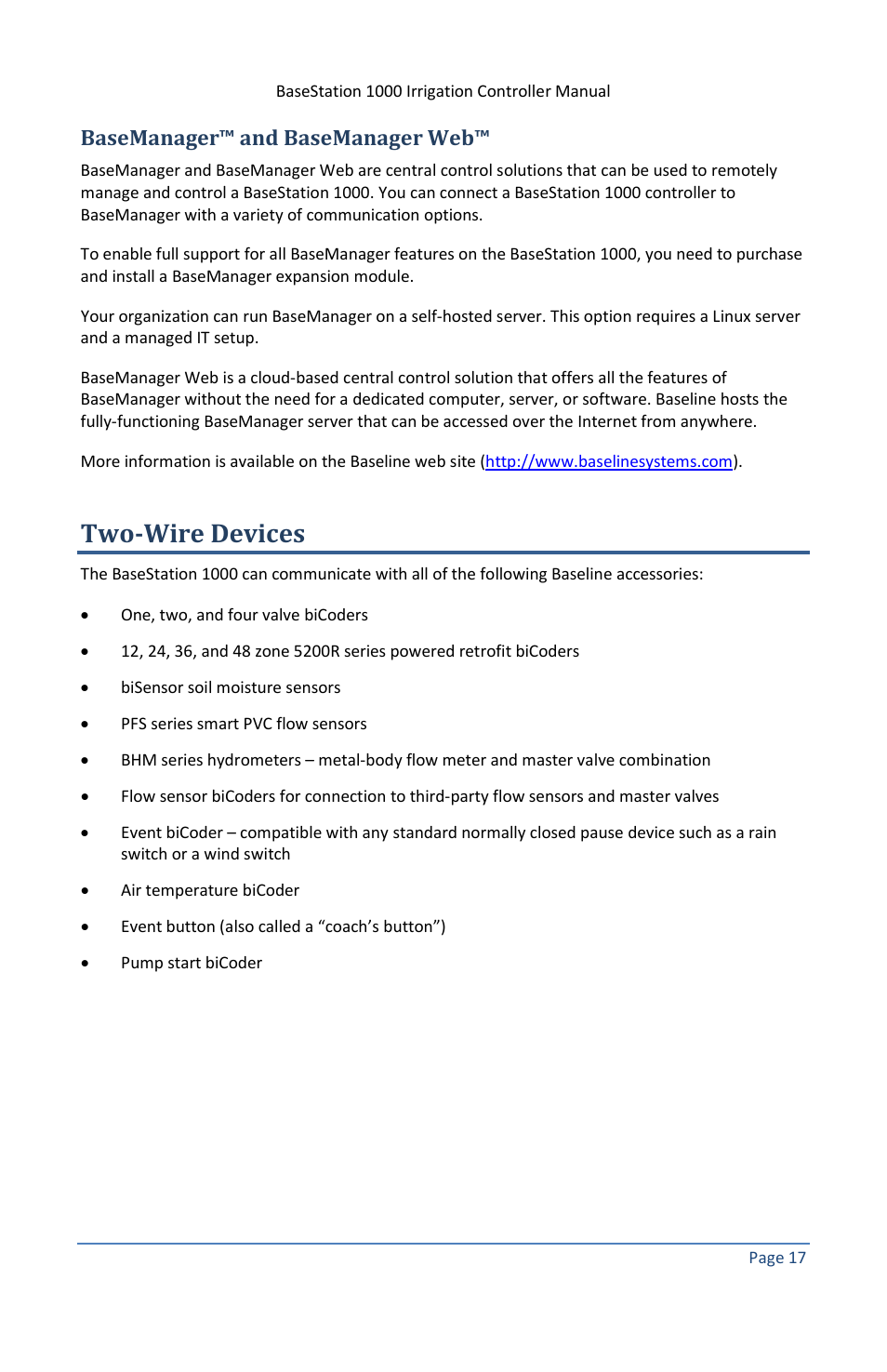 Basemanager™ and basemanager web, Two-wire devices | Baseline Systems BaseStation 1000 User Manual | Page 23 / 122