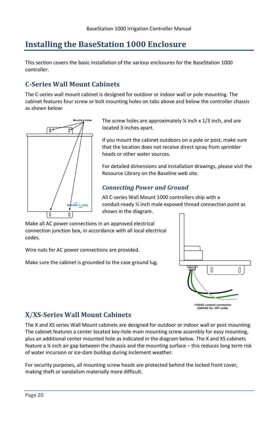 Installing the basestation 1000 enclosure, C-series wall mount cabinets, Connecting power and ground | X/xs-series wall mount cabinets, X / xs-series wall mount cabinets | Baseline Systems BaseStation 1000 User Manual | Page 26 / 122