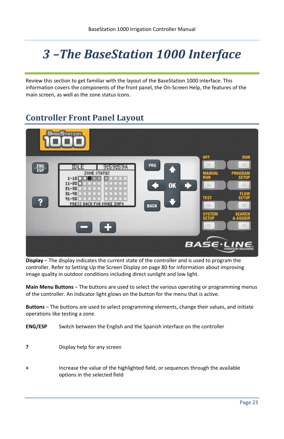 3 –the basestation 1000 interface, Controller front panel layout | Baseline Systems BaseStation 1000 User Manual | Page 29 / 122