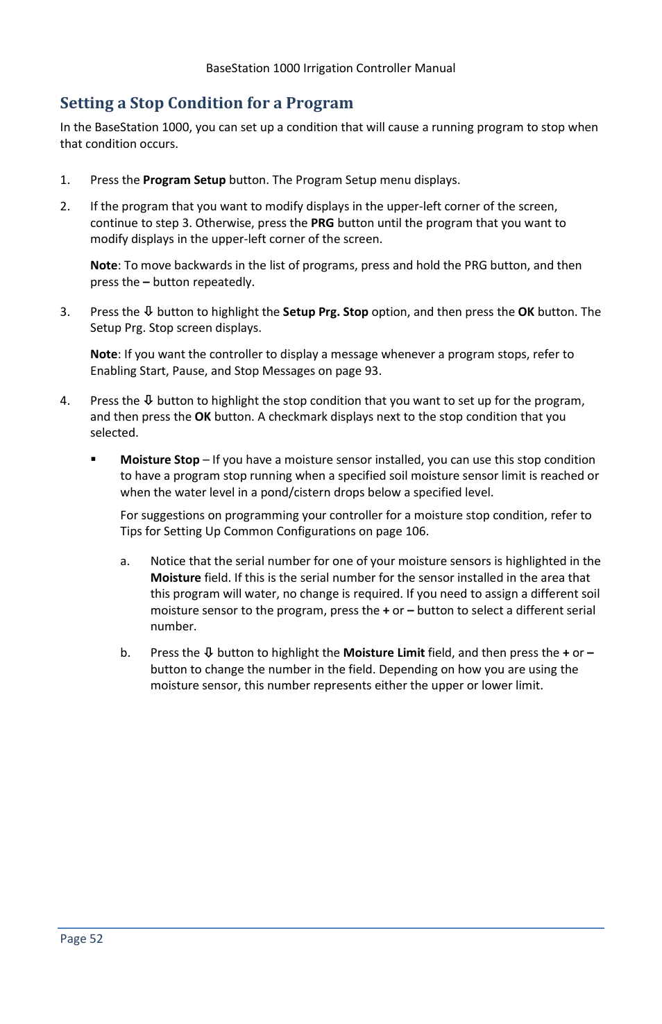 Setting a stop condition for a program, E 52 | Baseline Systems BaseStation 1000 User Manual | Page 58 / 122