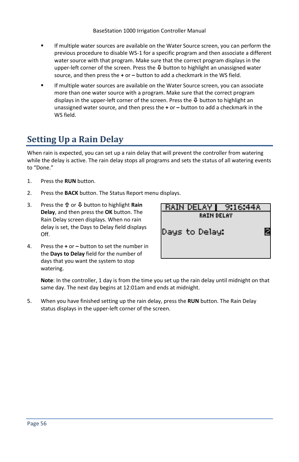 Setting up a rain delay | Baseline Systems BaseStation 1000 User Manual | Page 62 / 122