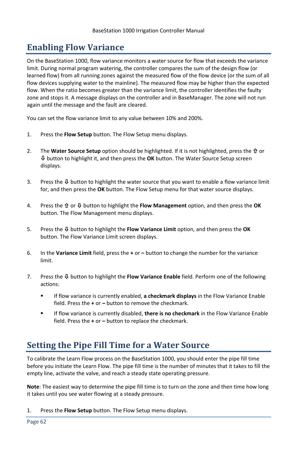 Enabling flow variance, Setting the pipe fill time for a water source | Baseline Systems BaseStation 1000 User Manual | Page 68 / 122