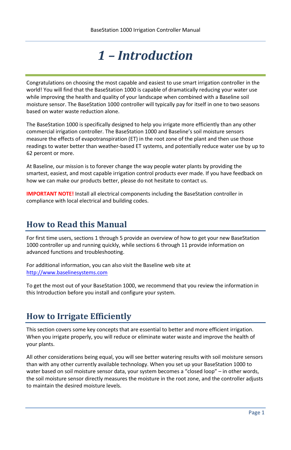 1 – introduction, How to read this manual, How to irrigate efficiently | Baseline Systems BaseStation 1000 User Manual | Page 7 / 122