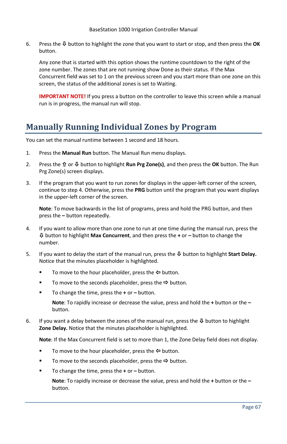 Manually running individual zones by program | Baseline Systems BaseStation 1000 User Manual | Page 73 / 122