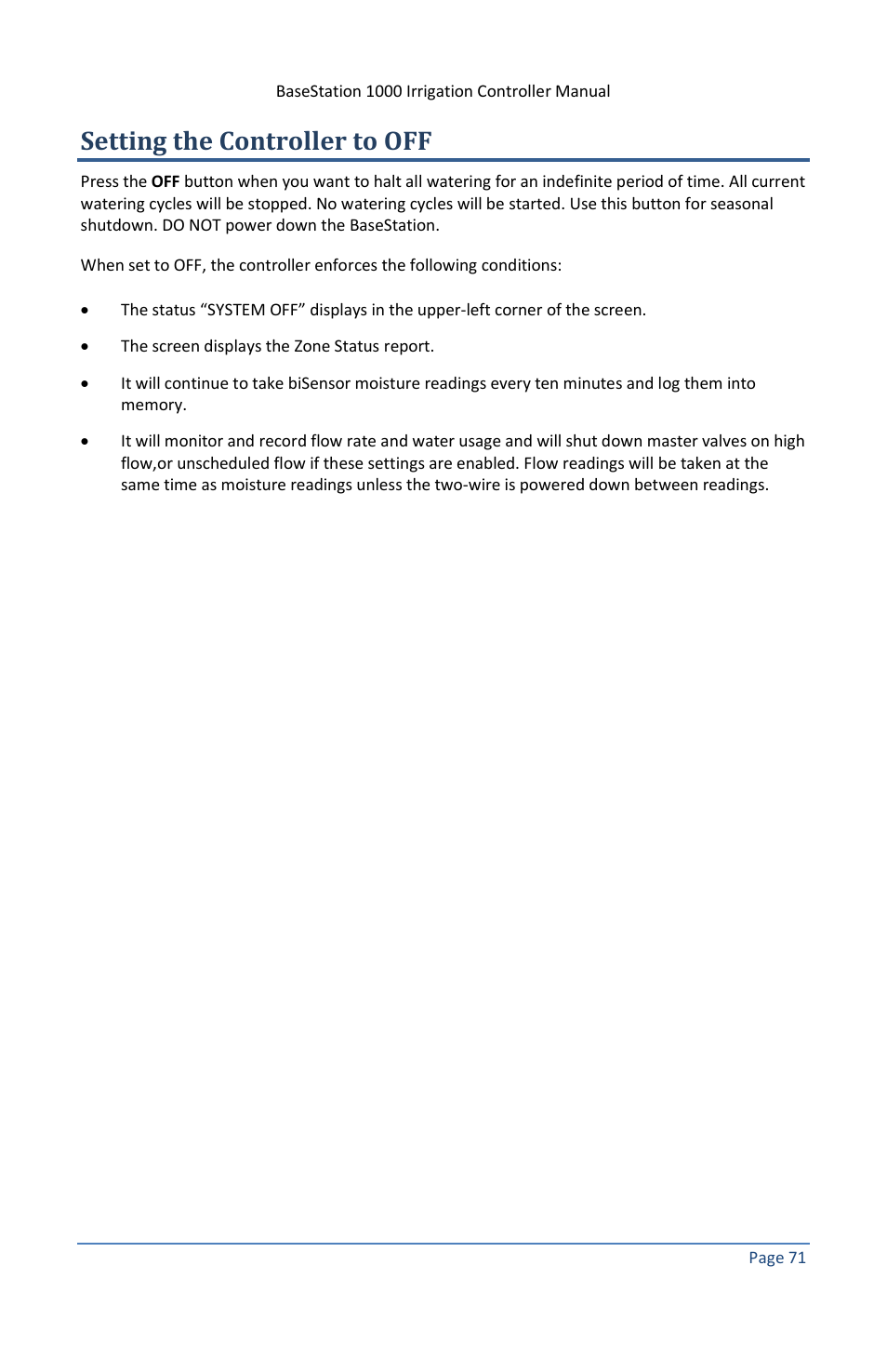 Setting the controller to off | Baseline Systems BaseStation 1000 User Manual | Page 77 / 122