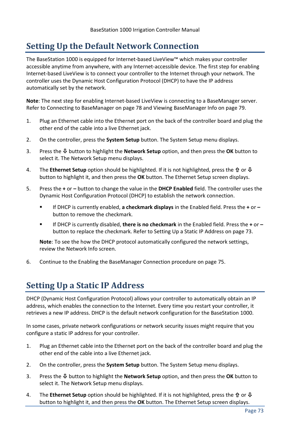 Setting up the default network connection, Setting up a static ip address | Baseline Systems BaseStation 1000 User Manual | Page 79 / 122