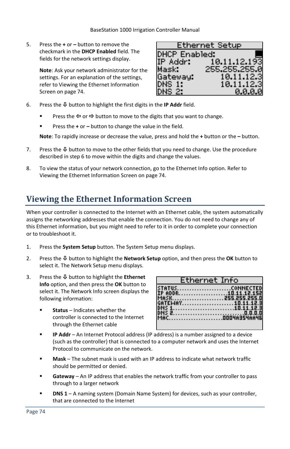 Viewing the ethernet information screen | Baseline Systems BaseStation 1000 User Manual | Page 80 / 122