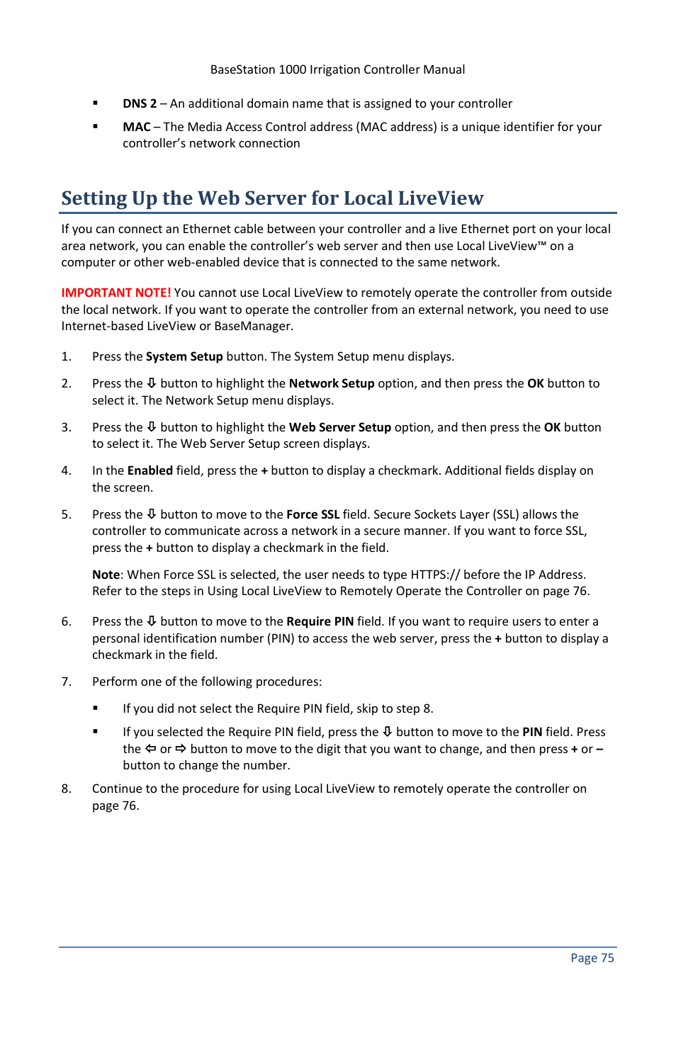 Setting up the web server for local liveview, E 75 | Baseline Systems BaseStation 1000 User Manual | Page 81 / 122