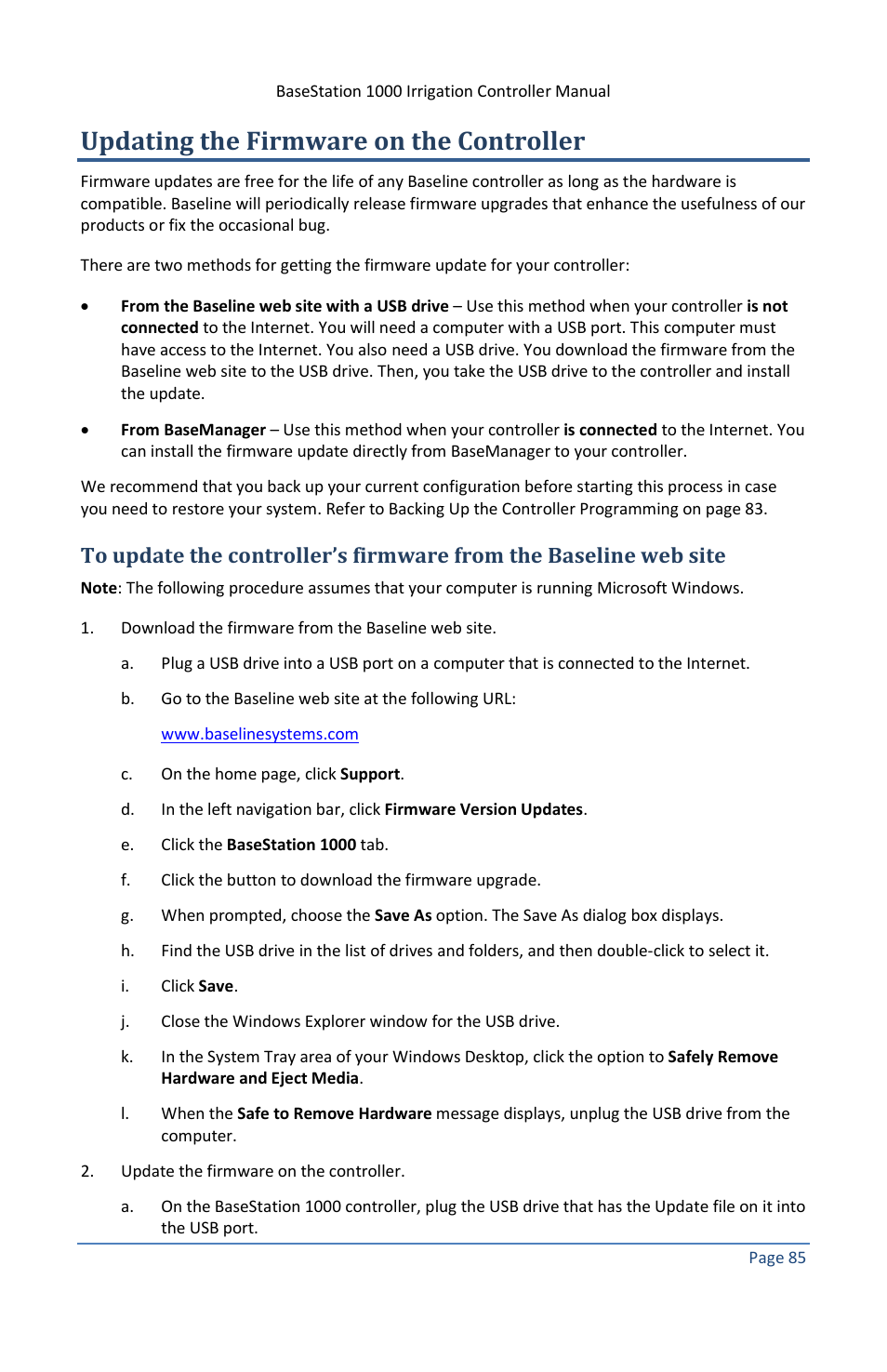 Updating the firmware on the controller | Baseline Systems BaseStation 1000 User Manual | Page 91 / 122