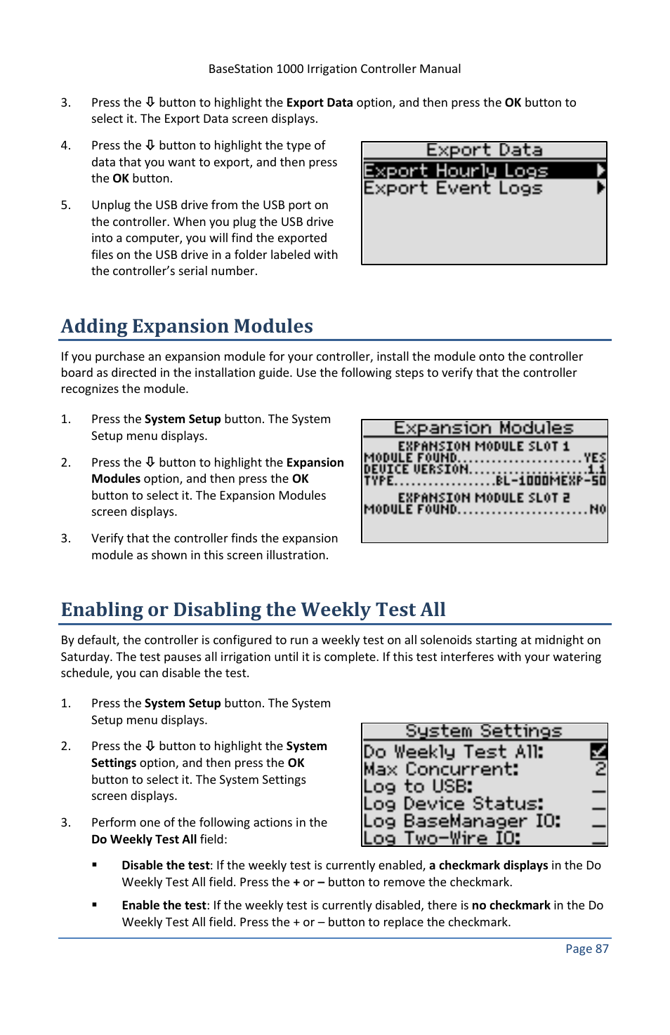 Adding expansion modules, Enabling or disabling the weekly test all | Baseline Systems BaseStation 1000 User Manual | Page 93 / 122