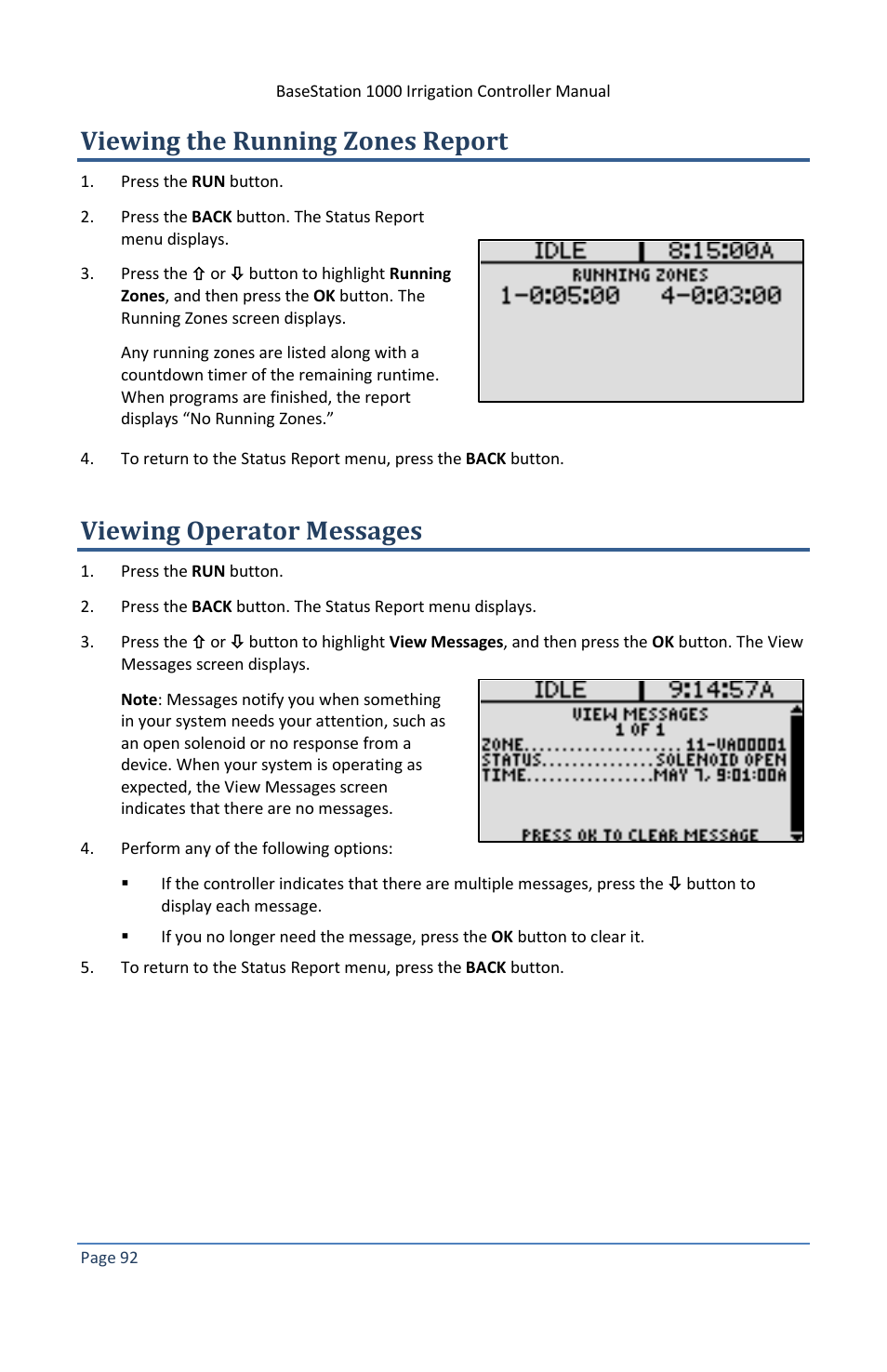 Viewing the running zones report, Viewing operator messages | Baseline Systems BaseStation 1000 User Manual | Page 98 / 122