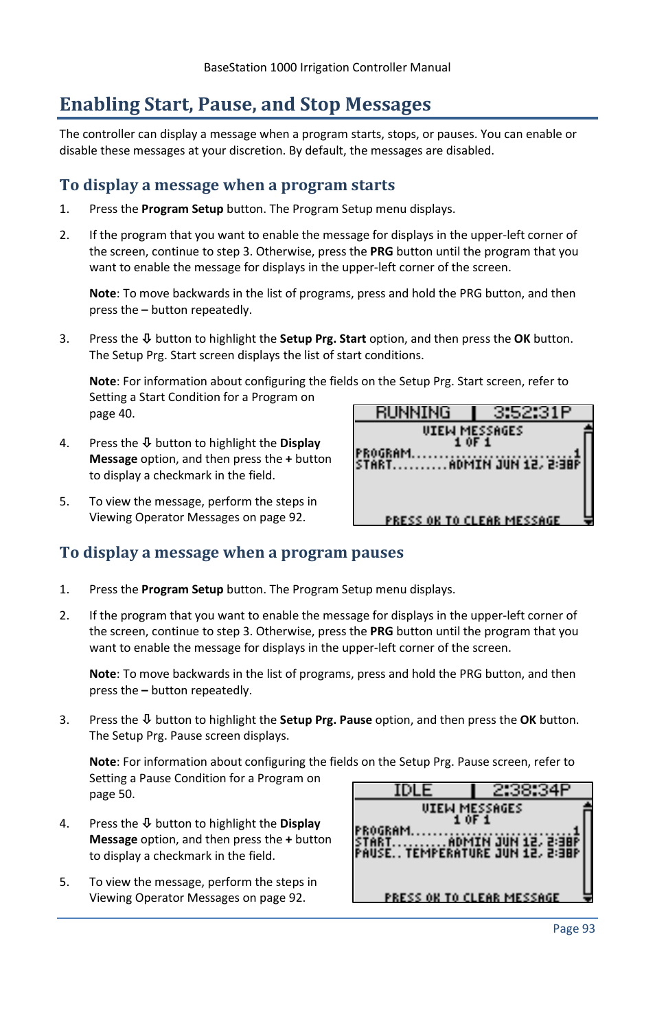 Enabling start, pause, and stop messages, To display a message when a program starts, To display a message when a program pauses | Baseline Systems BaseStation 1000 User Manual | Page 99 / 122