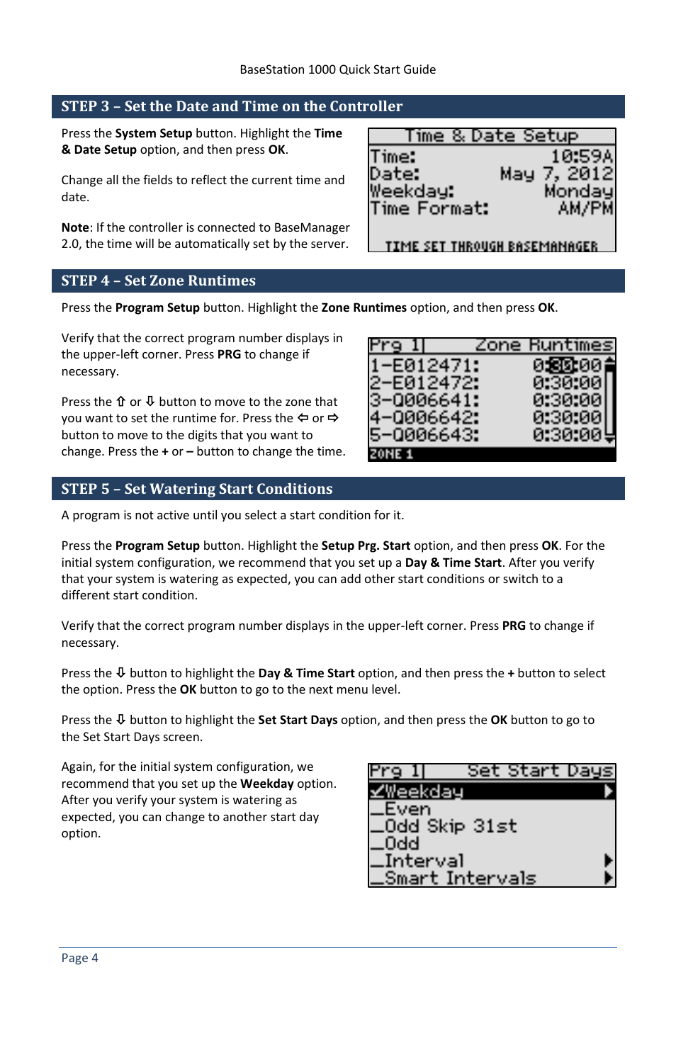 Step 3 – set the date and time on the controller, Step 4 – set zone runtimes, Step 5 – set watering start conditions | Baseline Systems BaseStation 1000 User Manual | Page 10 / 19