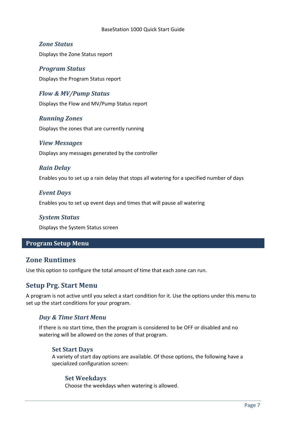 Zone status, Program status, Flow & mv/pump status | Running zones, View messages, Rain delay, Event days, System status, Program setup menu, Zone runtimes | Baseline Systems BaseStation 1000 User Manual | Page 13 / 19