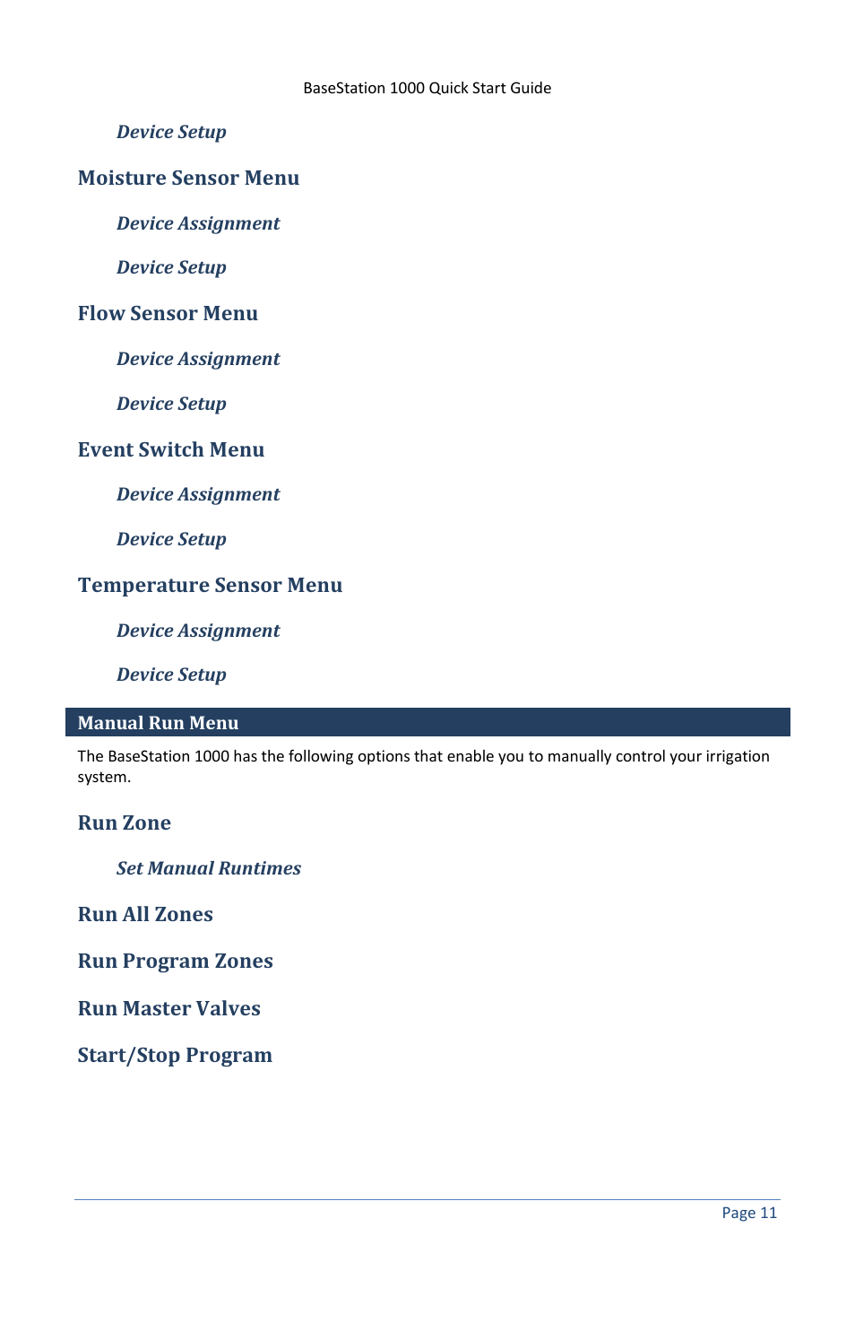 Device setup, Moisture sensor menu, Device assignment | Flow sensor menu, Event switch menu, Temperature sensor menu, Manual run menu, Run zone, Set manual runtimes, Run all zones | Baseline Systems BaseStation 1000 User Manual | Page 17 / 19