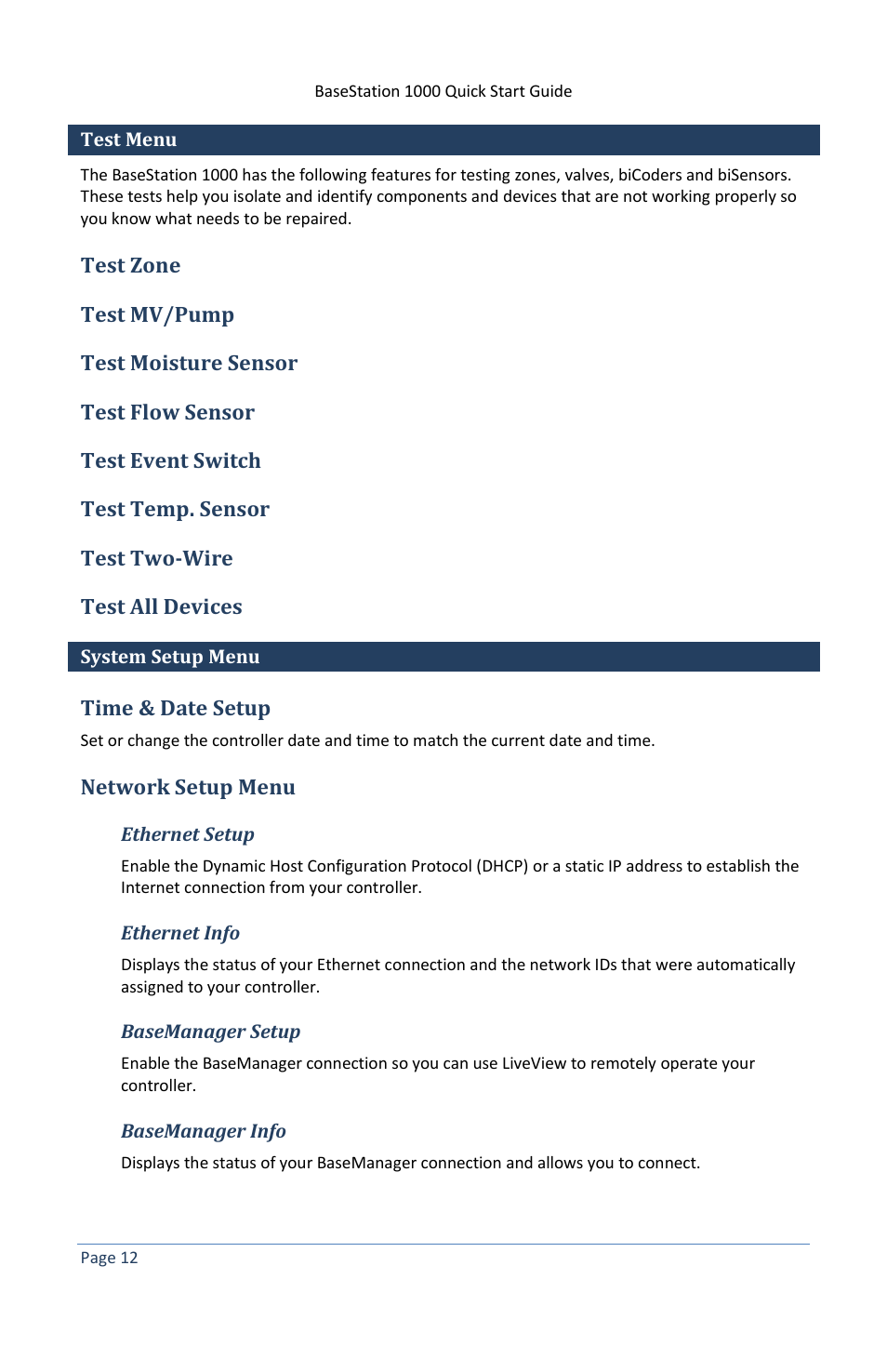 Test menu, Test zone, Test mv/pump | Test moisture sensor, Test flow sensor, Test event switch, Test temp. sensor, Test two-wire, Test all devices, System setup menu | Baseline Systems BaseStation 1000 User Manual | Page 18 / 19