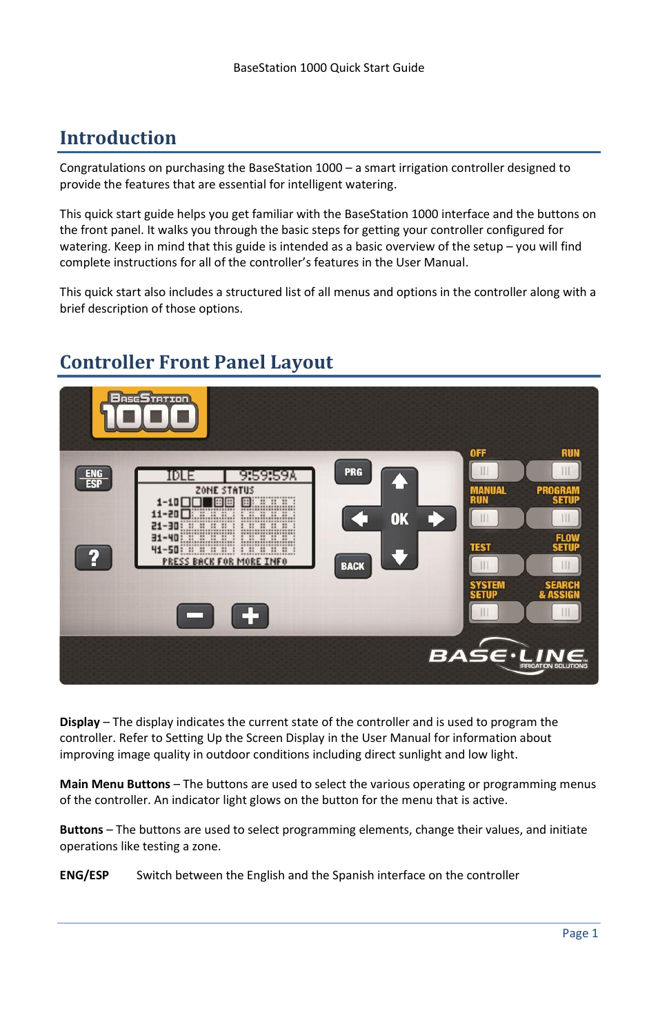 Introduction, Controller front panel layout | Baseline Systems BaseStation 1000 User Manual | Page 7 / 19