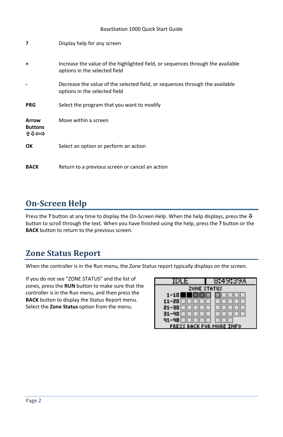 On-screen help, Zone status report | Baseline Systems BaseStation 1000 User Manual | Page 8 / 19