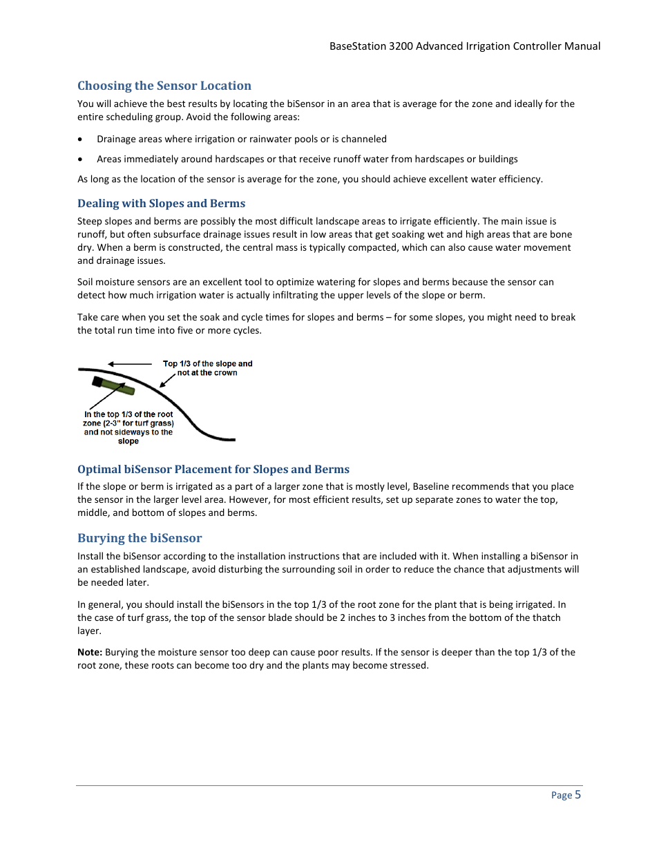 Choosing the sensor location, Dealing with slopes and berms, Optimal bisensor placement for slopes and berms | Burying the bisensor | Baseline Systems BaseStation 3200 User Manual | Page 13 / 102