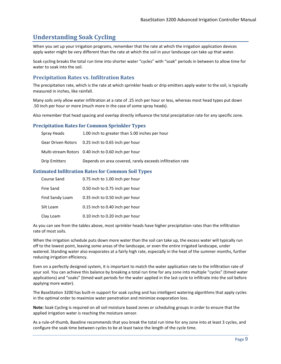 Understanding soak cycling, Precipitation rates vs. infiltration rates, Precipitation rates for common sprinkler types | Estimated infiltration rates for common soil types | Baseline Systems BaseStation 3200 User Manual | Page 17 / 102