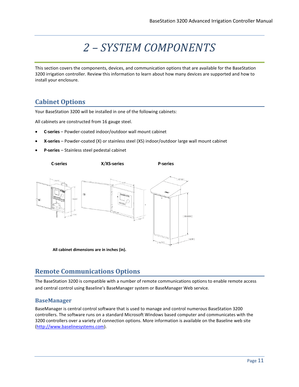 2 – system components, Cabinet options, Remote communications options | Basemanager | Baseline Systems BaseStation 3200 User Manual | Page 19 / 102