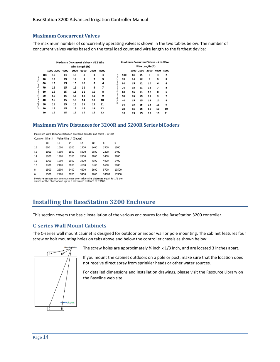 Maximum concurrent valves, Installing the basestation 3200 enclosure, C-series wall mount cabinets | Baseline Systems BaseStation 3200 User Manual | Page 22 / 102